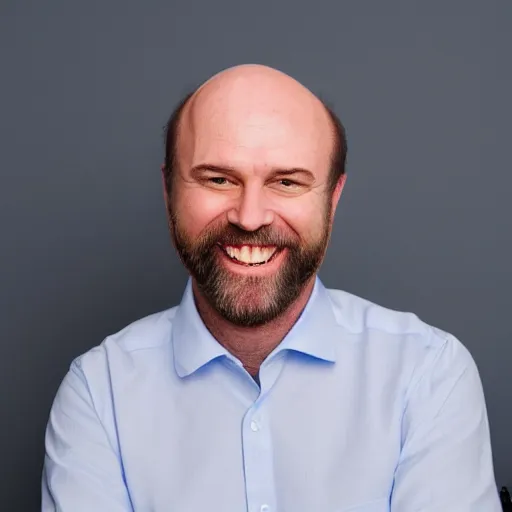 Prompt: color photograph of a balding middle aged hairy blue eyed round faced white man dressed in a white shirt and grey pants and black dress shoes smiling at the camera with perfect straight white teeth