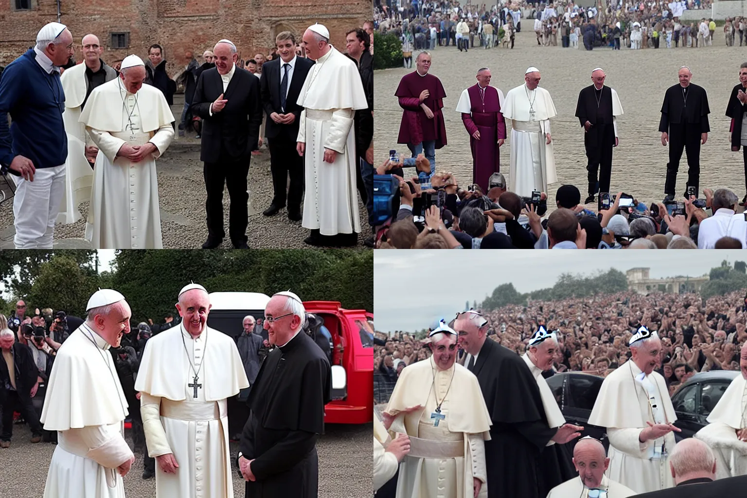 Prompt: A freeze frame from the top gear special where the presenters get to meet the pope