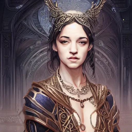 Prompt: a portrait of a young asia argento as a sorceress, urban motifs, intricate, elegant, highly detailed, digital painting, trending on artstation, concept art, smooth sharp focus, illustration, art by artgerm and greg rutkowski