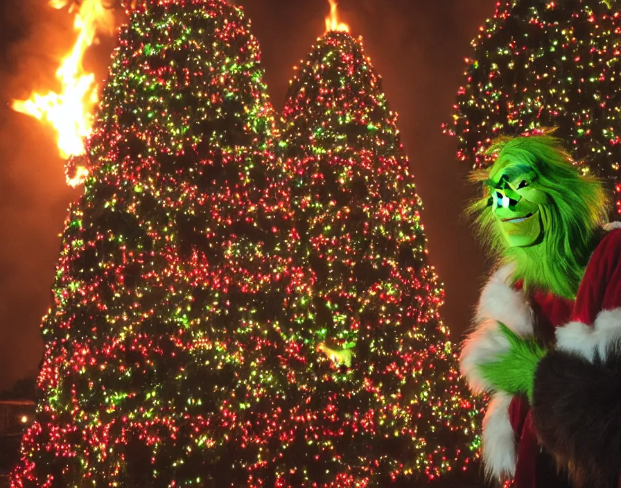 Image similar to the grinch smiling while looking at a 100 ft Christmas tree burning