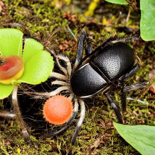 Image similar to venus flytrap eating a large hairy black spider in an english tea garden