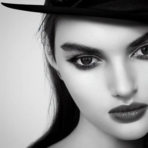 Prompt: black and white centered close-up of fashion model girl in wide white hat, hyperrealism