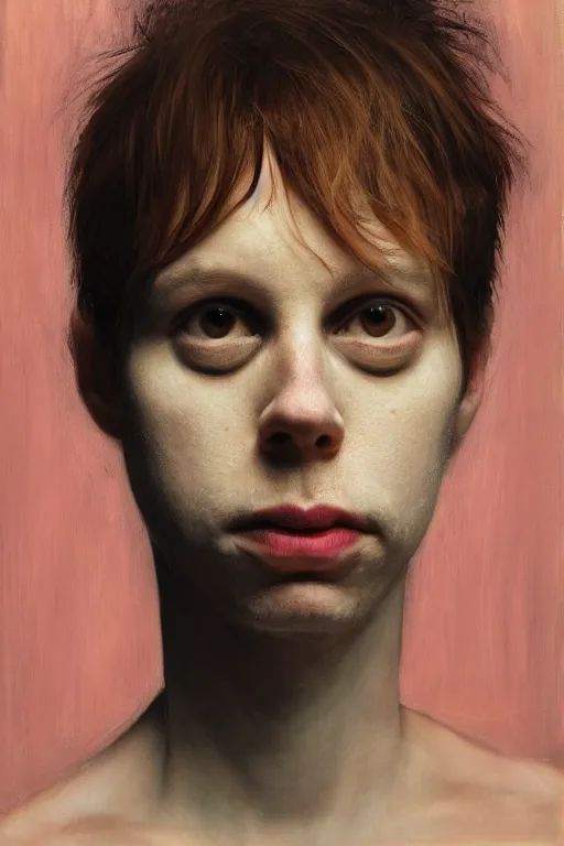 Image similar to todd solondz, a portrait of anorexic todd solondz, clear todd solondz face, dreaming of kissing a girl, sad and lonley, vivid colors, soft lighting, atmospheric, cinematic, moody, in the style of jenni saville and krenz cushart, oil on canvas, 8 k