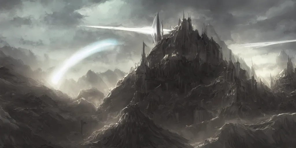 Image similar to landscape, no people, medieval, village, claymore anime background, world destroyer from claymore manga towering in the sky, concept art, colour, illustration, smooth, sharp focus, intricate, trending on artstation, trending on deviantart, 4 k