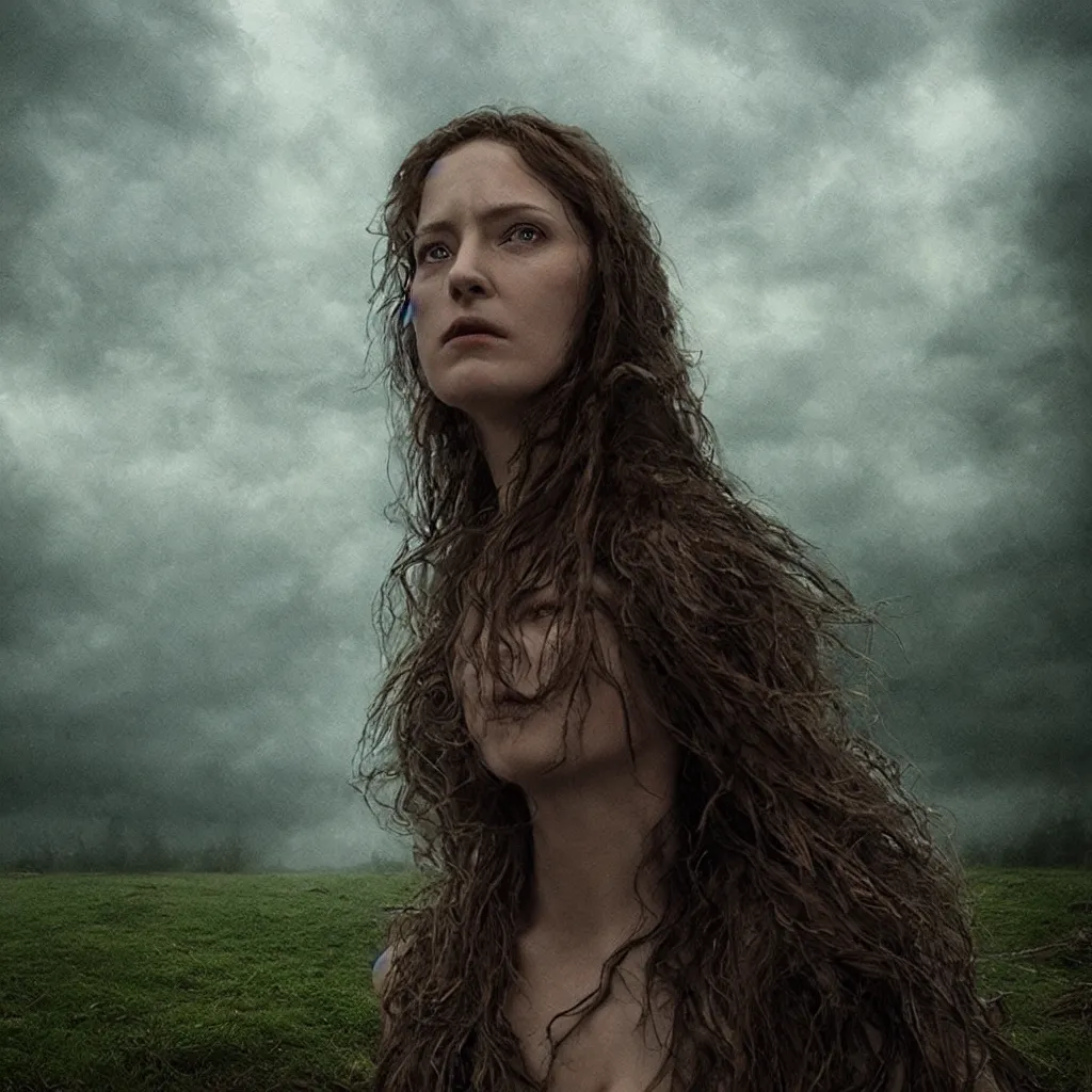 Prompt: head and shoulders cinematic portrait of a forest witch against a stormy sky,, artgerm, gregory crewdson, hyperreal