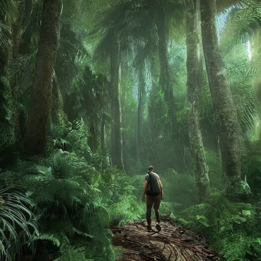 Image similar to realistic photo of man wandering through a rainforest, artstation, detailed, 8k