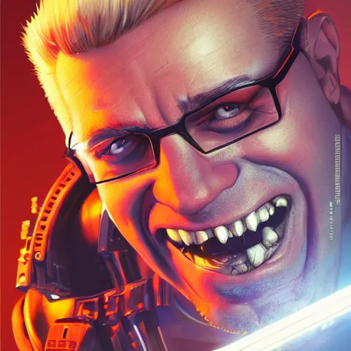 Prompt: Duke Nukem 3D, Blond spiky hair, radiation sign, big smile, intricate, cinematic lighting, highly detailed, digital painting, artstation, concept art, smooth, sharp focus, illustration, art by Artgerm and Greg Rutkowski, Cgsociety