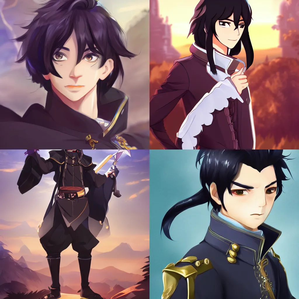 Prompt: isekai male protagonist prince with black hair, trending on Artstation, visually stunning scene