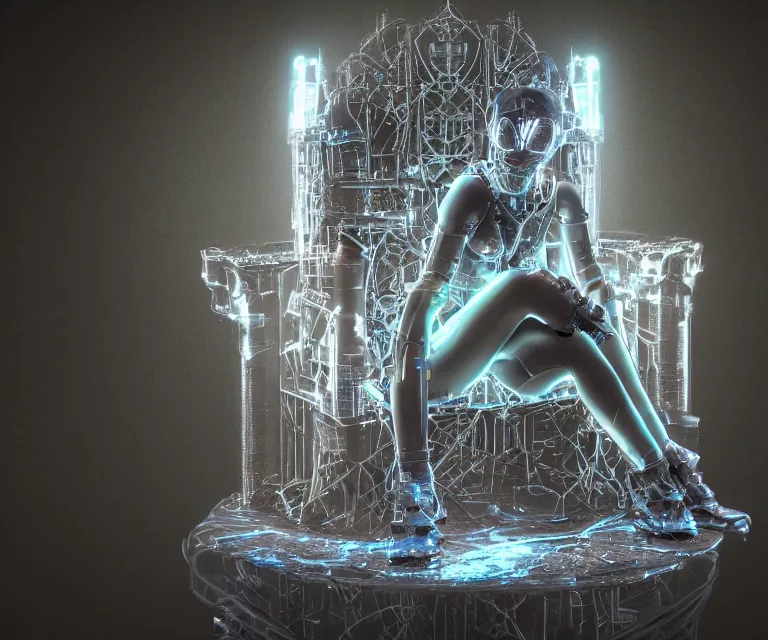 Prompt: translucent glowing cyborg sitting on a metal throne, futuristic castle as background, fantasy sci - fi, fine details, metallic, 2 0 0 mm focus, bokeh