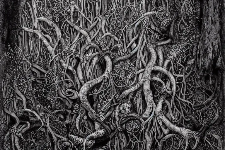 Image similar to an eerie insanely detailed forest of the soul, ambiguous, symbolic, eyes of strange creatures hiding in the dark, skulls and bones of animals, snakes and vines and cobwebs and old trees, a glimpse of hope, ink and ballpoint, inspired by claire scully and evan cagle and simon prades