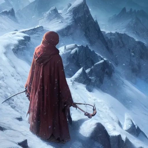 Image similar to a powerful wizard casting a spell on a snowy mountain top, greg rutkowski, 8 k, shallow depth of field, intricate detail, concept art,