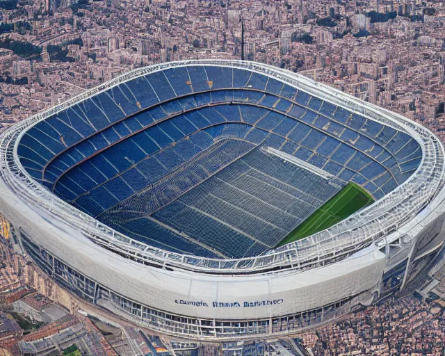 Prompt: 4 k hd, high resolution photograph of santiago bernabeu stadium from above, full colour, shot with sigma f / 4. 2, 2 5 0 mm sharp lens, wide shot, high level texture render