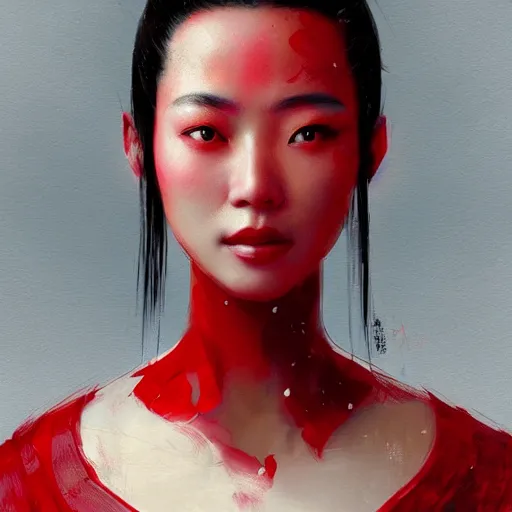 Prompt: A portrait of a Chinese beauty in red shirt, black hairs, ancient art, art by greg rutkowski, matte painting, trending on artstation