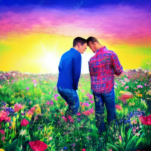 Image similar to a gay couple together in a field of flowers at sunset, realistic, intricate, 4k