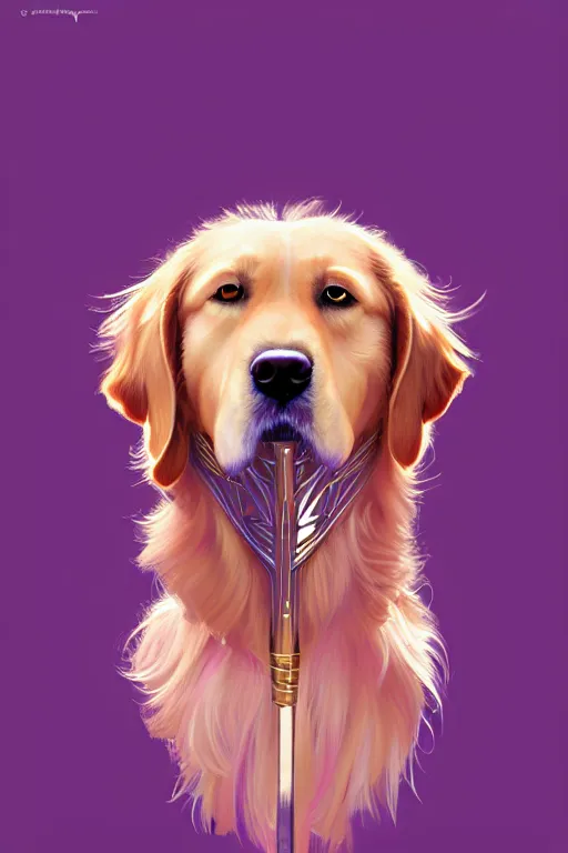 Prompt: Portrait of Kate Bishop and Lucky the Golden Retriever Dog, Marvel, Hawkeye, fantasy, symmetrical face, blush, intricate, cute, elegant, light purple mist, highly detailed, digital painting, artstation, concept art, matte, sharp focus, illustration, art by Artgerm and Greg Rutkowski and Alphonse Mucha