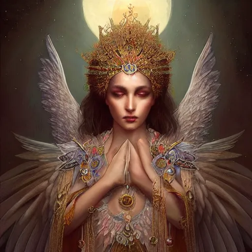 Image similar to A beautiful digital painting of a female Seraphim full of jewels, princess, the moon behind her, intricate, cinematic lighting, highly detailed, digital painting, Artstation, concept art, smooth, sharp focus, illustration, art by Tom Bagshaw, Artgerm and Greg Rutkowski