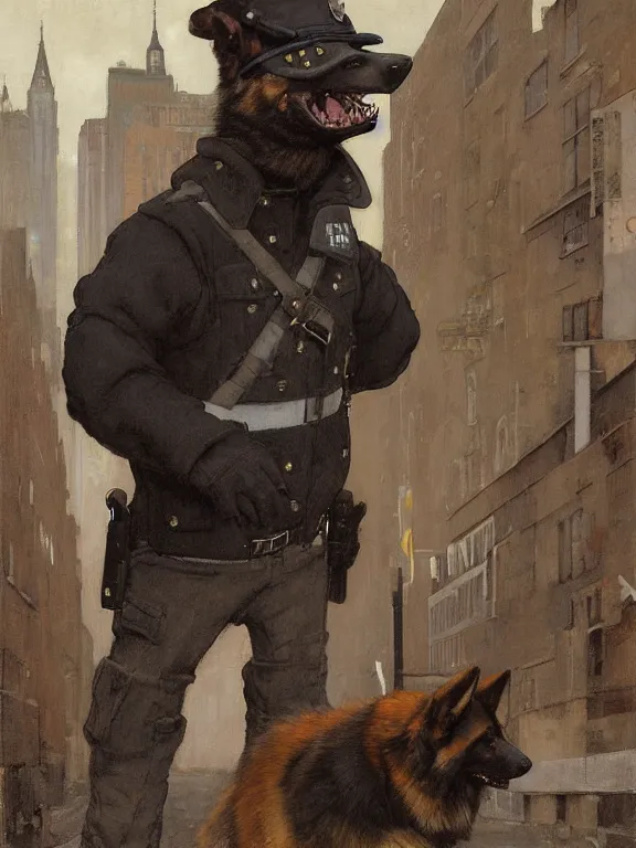 Image similar to new york city portrait of furry anthro anthropomorphic german shepard head animal person fursona wearing clothes nypd traditional police uniform in the alley, sunny day, digital art by Nerdrum John, William Waterhouse, Winslow Homer, Alex Heywood, Jordan Grimmer, Darren Quach, Greg Rutkowski, Simon Stalenhag, trending on Artstation, CGSociety