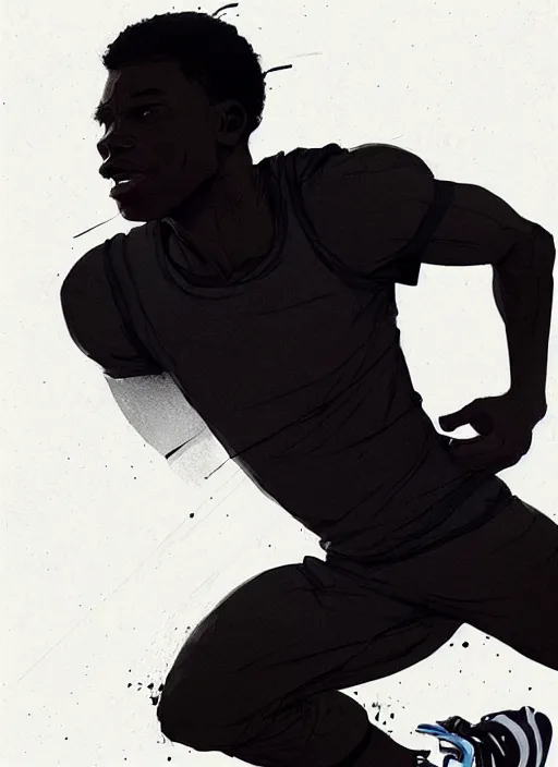 Prompt: dream highly detailed full body portrait of a black man sprinting on the olympics, completely engaged, magnificent, photographic realistic background, by atey ghailan, by greg rutkowski, by greg tocchini, by james gilleard, by joe fenton, by kaethe butcher, trending on instagram, award winning details