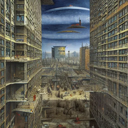 Image similar to sci fi containment building in a city, architecture detailed illustration surrealism by dariusz klimczak pieter bruegel