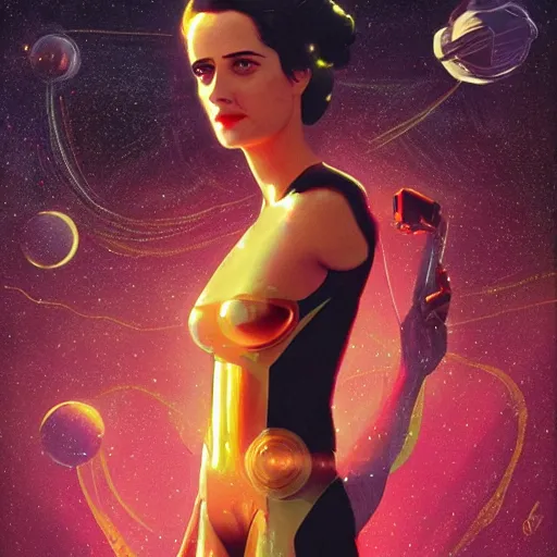 Prompt: Eva Green as a stunning , beautiful retro SCI-FI space heroine 1985 , movie poster, intricate, elegant, highly detailed, centered, digital painting, trending on artstation, concept art, smooth, sharp focus, illustration, art by raphael lacoste ,eddie mendoza ,alex ross, WLOP