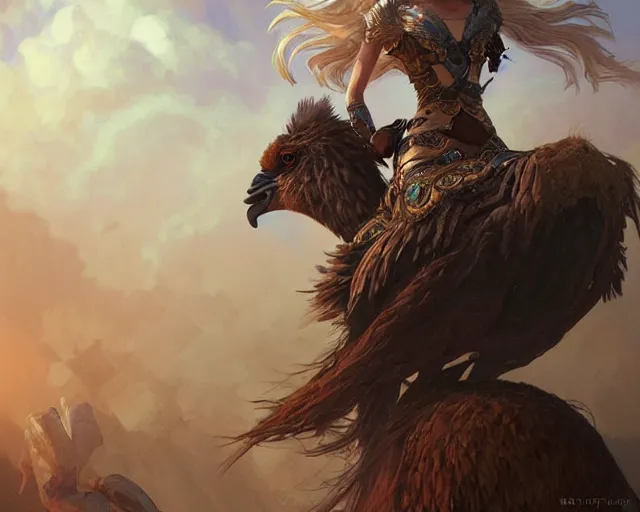 Prompt: woman riding an emu, deep focus,, fantasy, intricate, elegant, highly detailed, digital painting, artstation, concept art, matte, sharp focus, illustration, hearthstone, art by artgerm and greg rutkowski and alphonse mucha