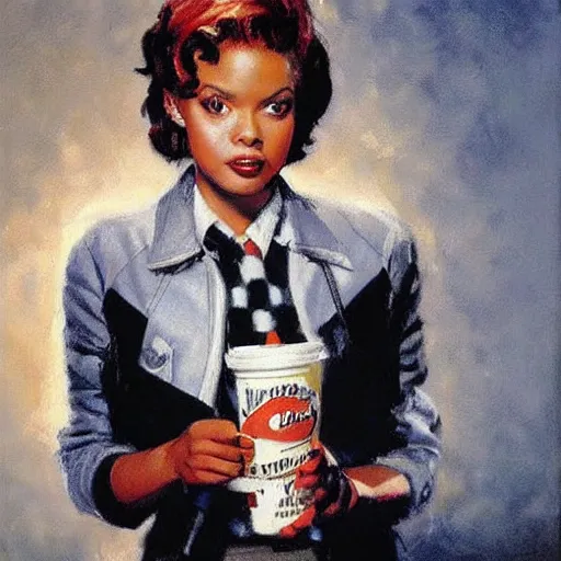 Image similar to the teenage daughter of samuel l. jackson and lucille ball by mort kunstler