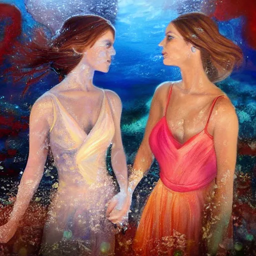 Image similar to an oil painting of two women under water holding hands, photo realistic, intricate details, flowing dresses and hair, volumetric lighting, Jennifer packer style