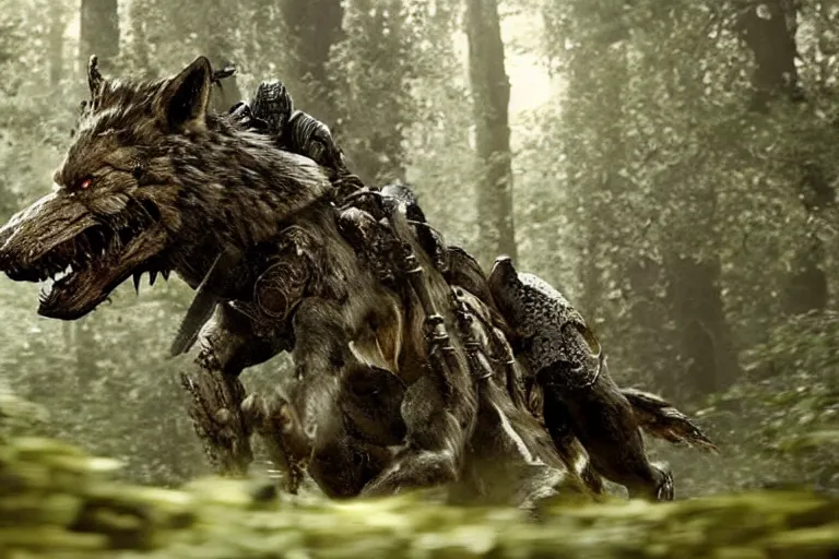 Image similar to vfx movie closeup detailed ancient armored warrior orc hunting riding large wolf in the forest, natural lighting by emmanuel lubezki