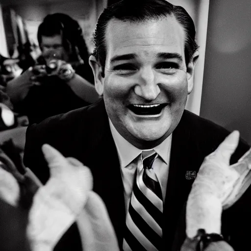 Image similar to Ted Cruz with a wide grin looking up directly at the camera, black and white, creepy lighting, scary, horror, ornate, eerie, fear