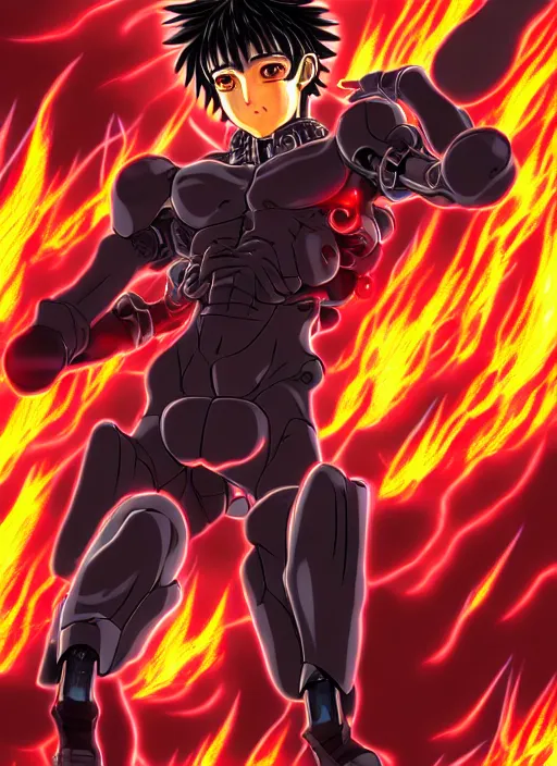 Image similar to a detailed manga full body portrait illustration of a dark haired cyborg anime man surrounded by fire by hirohiko araki, detailed artwork, realism, 4 k resolution, detailed, high quality, sharp focus, hq artwork, insane detail, volumetric lighting, character concept art, fine details, clear subject, central subject