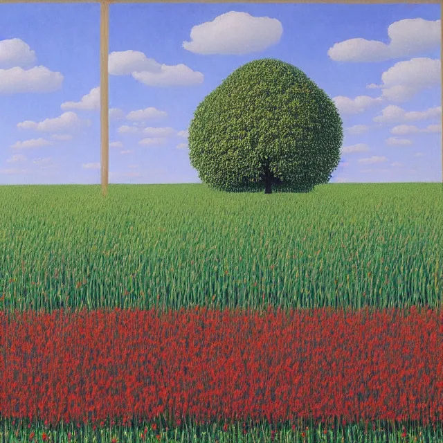 Prompt: kaali in distance looking at you in beautiful meadow of flower, detailed painting by rene magritte