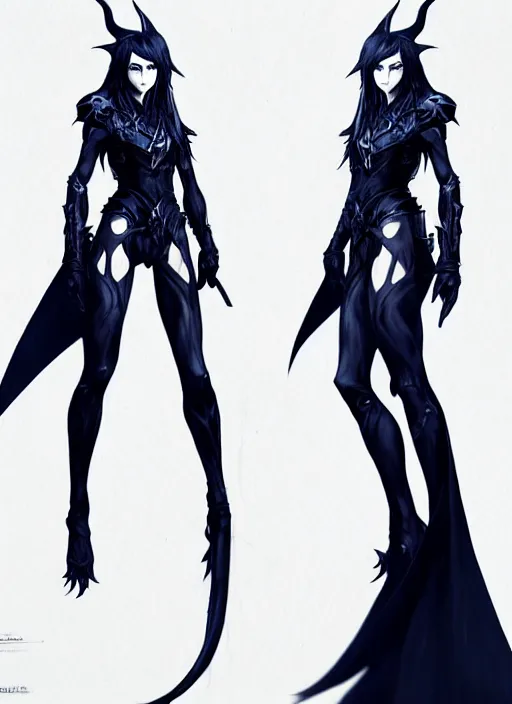 Image similar to Full body portrait of a beautiful elven queen with menacing look with long black hair wearing black and dark blue attire, silver crown. In style of Yoji Shinkawa and Hyung-tae Kim, trending on ArtStation, dark fantasy, great composition, concept art, highly detailed, dynamic pose.