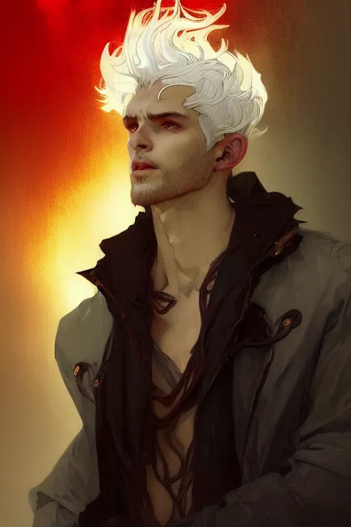 Image similar to portrait of a beautiful young fit male vampire with curly white hairs and yellow eyes, dressed with urban clothes, by greg rutkowski and alphonse mucha, d & d character, gradient white to red, modern nocturnal background, highly detailed portrait, digital painting, artstation, concept art, smooth, sharp focus ilustration, artstation hq