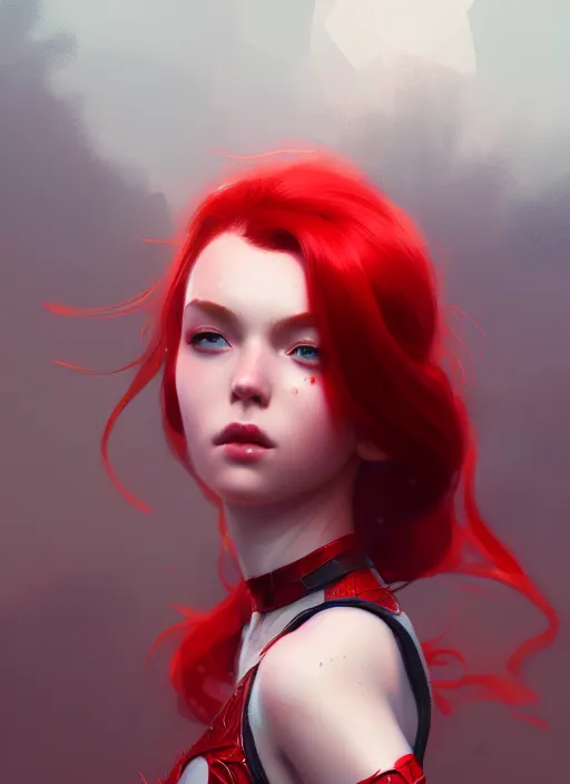 Image similar to a beautiful red - haired girl dressed as a superhero, intricate, elegant, highly detailed, digital painting, artstation, concept art, smooth, sharp focus, illustration, ethereal, misty, by ilya kuvshinov and jeremy mann, 8 k, octane render