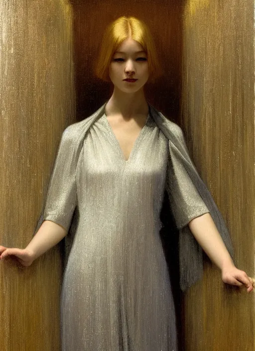 Prompt: thin young beautiful girl with silver hair, pale!, wearing robes, wearing hair, golden goddess, young cute wan korean face, silver hair!!, oil on canvas, style of jean delville, 4 k resolution, aesthetic!,