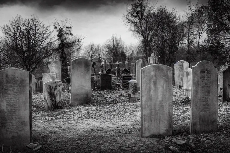 Prompt: photo of a graveyard guarded by a gravekeeper, unsettling atmosphere, eerie, bizarre, horror