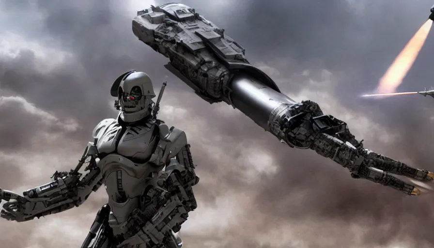 Image similar to Big budget movie about a cyborg demon fighting a surface to air missile system