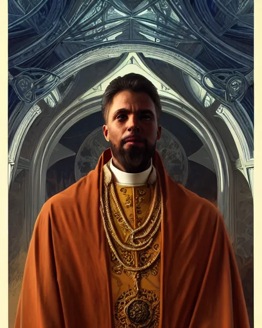 Image similar to realistic wide angle portrait of a bishop, heroic pose, beautiful face, full body, dramatic lighting, intricate, wild, highly detailed, digital painting, artstation, concept art, smooth, sharp focus, illustration, art by artgerm and greg rutkowski and alphonse mucha, footage from space camera