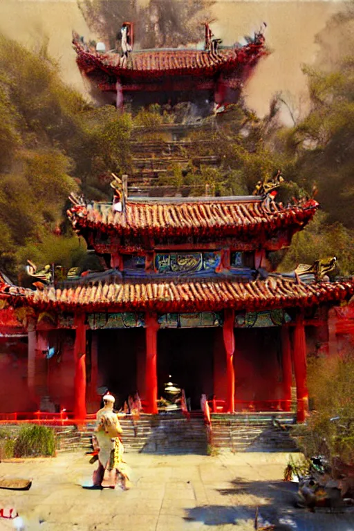 Image similar to Chinese temple, painting by Gaston Bussiere, Craig Mullins