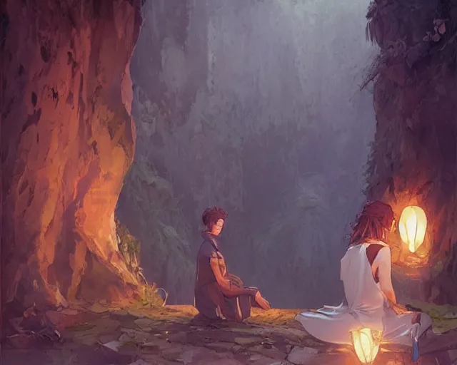 Image similar to a cinematic boy girl traditional romance moment, exploring the caves boho clothing, full body illustration, bestselling movie art poster, official media, 1970s fashion, dynamic lighting official anime media, incredible art by artgerm and greg rutkowski