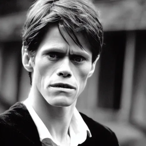 Prompt: Film Still of a Young Willem Dafoe playing a character in Harry Potter, Film Still, realistic, hyperrealistic, very realistic, very very realistic, highly detailed, very detailed, extremely detailed, detailed, detailed face, very detailed face, very detailed face, realism, HD Quality, 8k resolution, intricate details, body and head in frame, Real Life