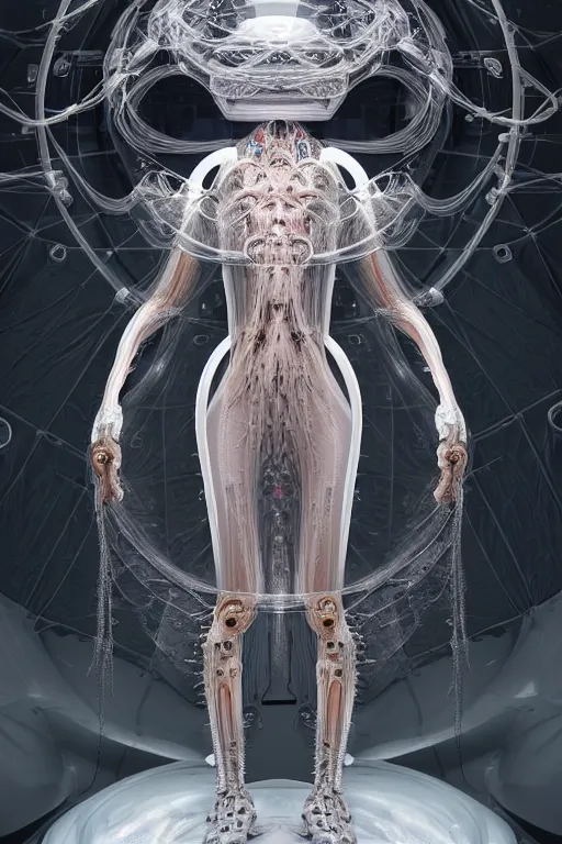 Image similar to background space station, baroque inflateble dress iris van herpen positing on floor, perfect symmetrical, full body shot, white helmet on face, inflateble shapes, wires, tubes, veins, jellyfish, white biomechanical details, wearing epic bionic implants, masterpiece, intricate, biopunk, vogue, highly detailed, artstation, concept art