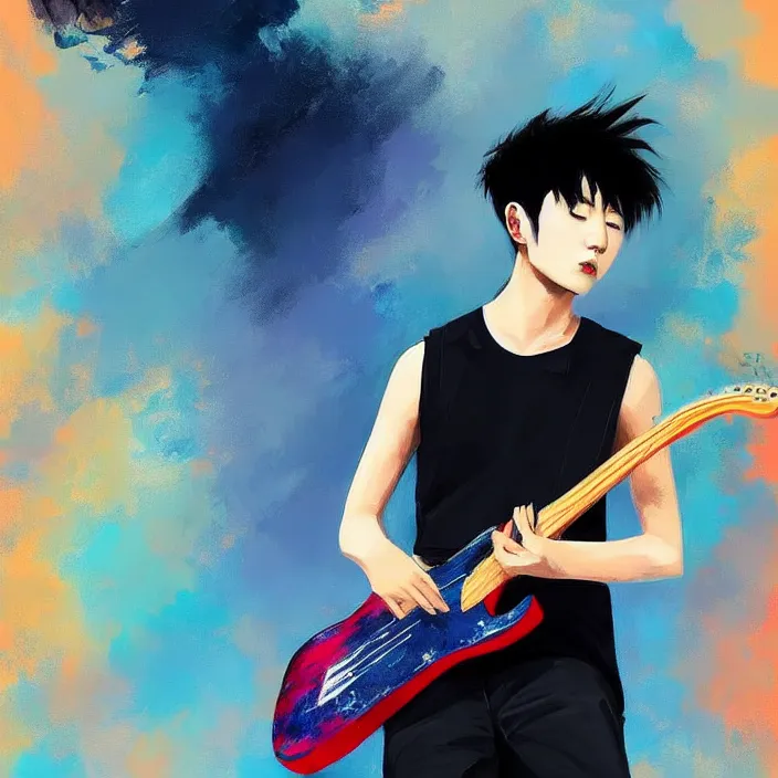 Prompt: a young korean male musician wearing black tank top holding a telecaster!!! electric guitar!! he is made of thick flowing dramatic brush strokes blowing away in strong wind, matte colors, abstract, impressionist, motion, trending on artstation