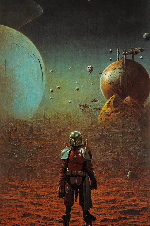 Prompt: mandalorian by beksinski on background with destroyed planets and atomic bomb explosion, backlight