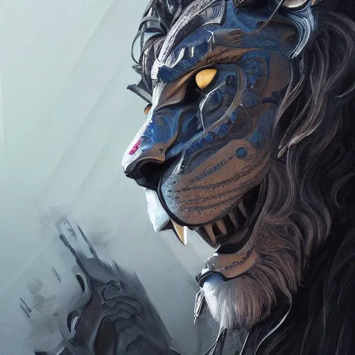 Image similar to Very very very very highly detailed epic zoom out photo of face with lion venetian mask, intricate, dystopian, sci-fi, extremely detailed, digital painting, artstation, concept art, smooth, sharp focus, illustration, intimidating lighting, incredible art by Artgerm and Vincent di Fate