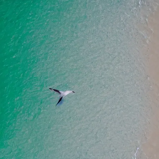 Image similar to simmetrical photo of a seagull flying seen exactly from above. Watching down. Seagull seen from above. 4k still award winning. Pleasant look and colors. Sea on the background.