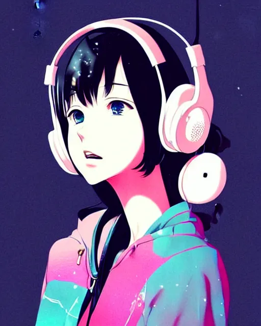 Image similar to girl wearing headphones, very anime!!! anime!! intricate details, high contrast colors, poster background, art by conrad roset and ilya kuvshinov