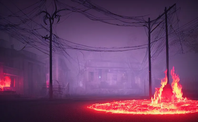 Image similar to neon hell, graveyard, fog, amazing fire art, fog, octane render, ray tracing, realistic fire sharp focus, long shot, 8 k resolution, cinematic