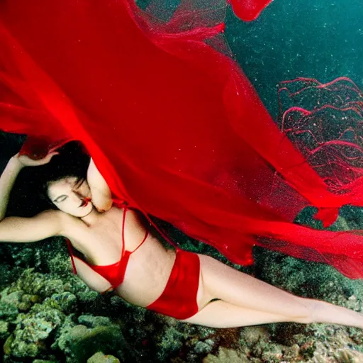 Image similar to beautiful portrait of sensual fashion model in red silk underwater, 35mm film