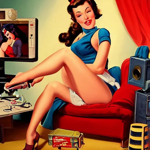 Image similar to a realistic painting of a pin up girl playing videogames, by Alberto Vargas, highly detailed and intricate, cinematic lighting 4k